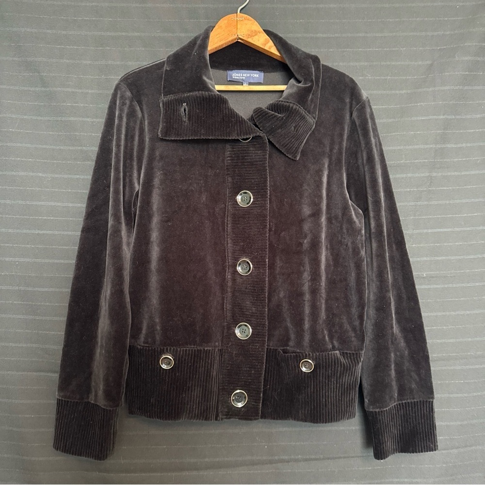Jones New York Black Velour Button Front Collared Jacket Size Womens Large